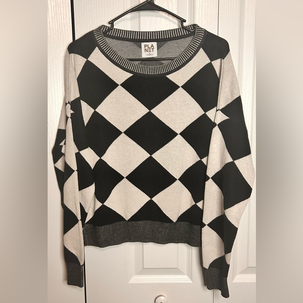 Planet by Lauren G Unisex One Size OS Black White Harlequin Check Sweater Cotton